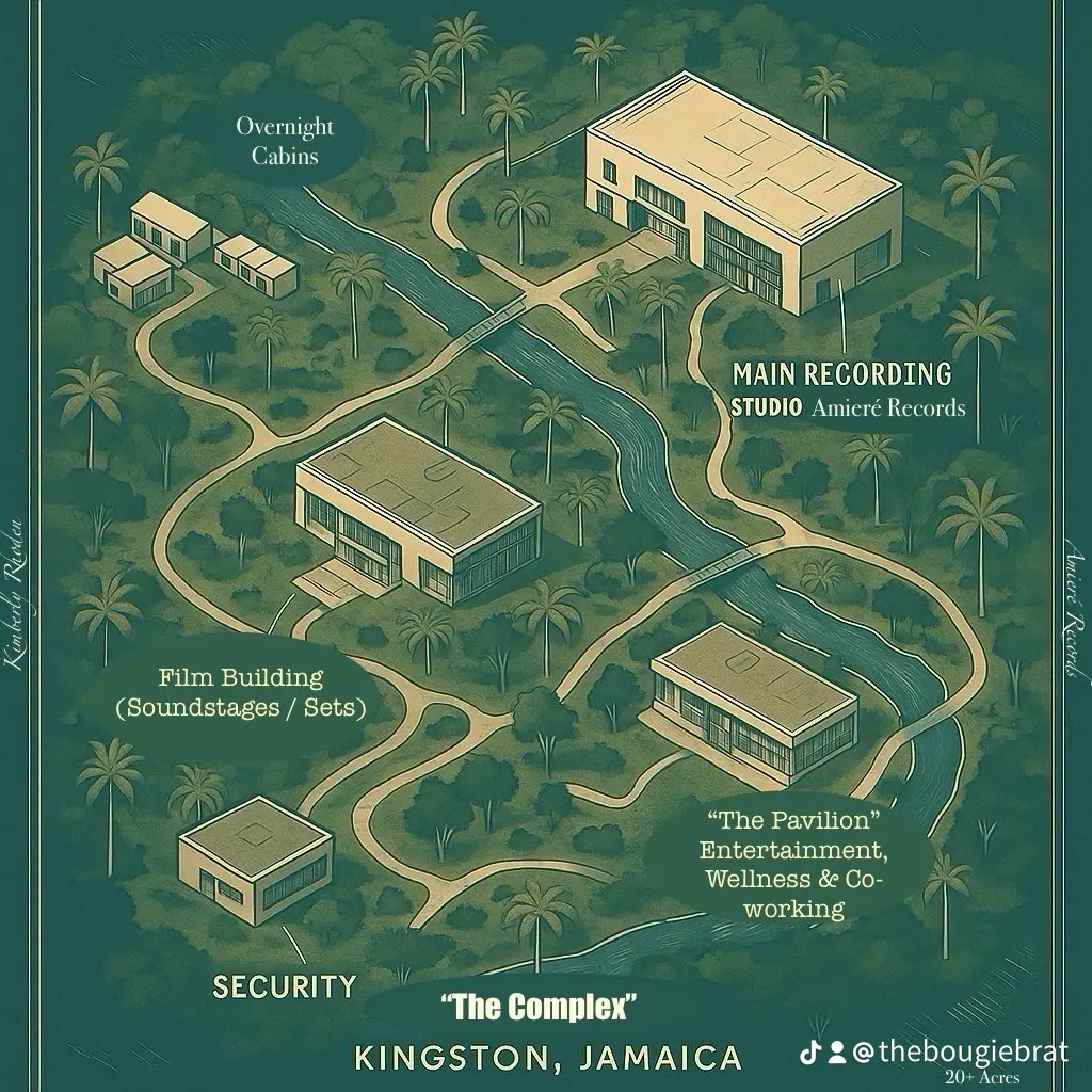 Illustrated campus concept map of The Complex in Kingston, Jamaica — 20+ acres featuring overnight cabins, main recording studio (Amieré Records), film building with soundstages and sets, security gatehouse, and The Pavilion for entertainment, wellness & co-working.